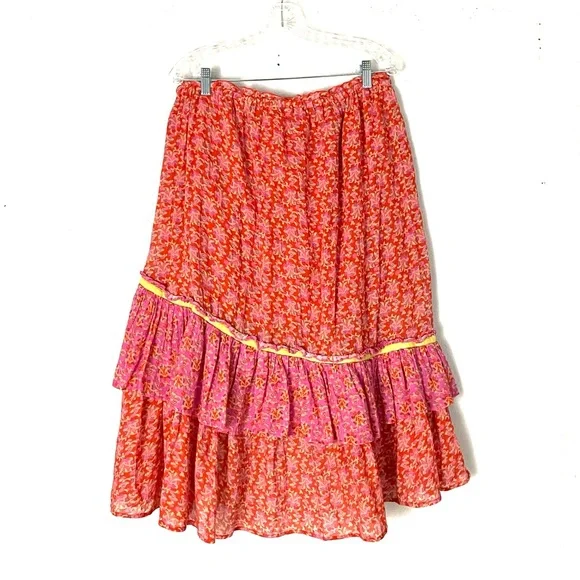 Sundance Nami Ruffled Floral Cotton Tiered Midi Skirt Size Petite Large - Picture 4 of 10